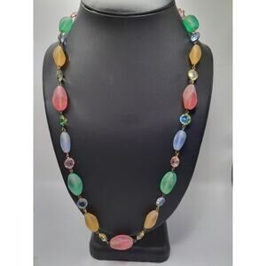 Vintage Mid Century Satin Glass Bead Necklace Pastel Rhinestone 24 Inch